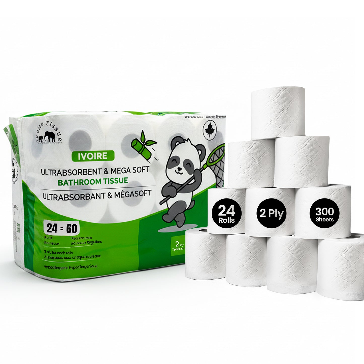 Papier toilette ultra doux 2 plis – 24 rouleaux = 48 rouleaux – 300 feuilles par rouleau | Confort premium et grande capacité